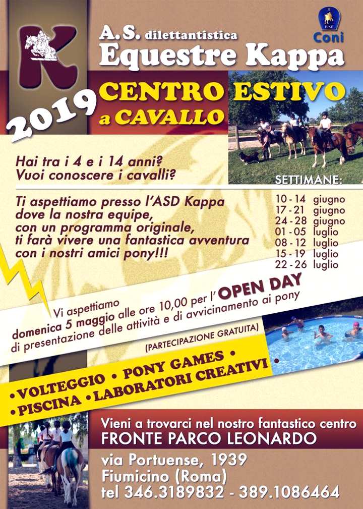 Locandina del Centro estivo a cavallo per bambini e ragazzi dai 4 ai 14 anni, organizzato da Equestre Kappa in via Portuense 1939 Roma. Info: Tel.+39.392.67 20 961